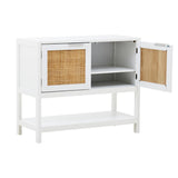 White wood side cabinet featuring two rattan-covered doors, a spacious interior with a shelf, and an open lower shelf for additional storage. The cabinet stands on four legs, showcasing a modern design suitable for home decor