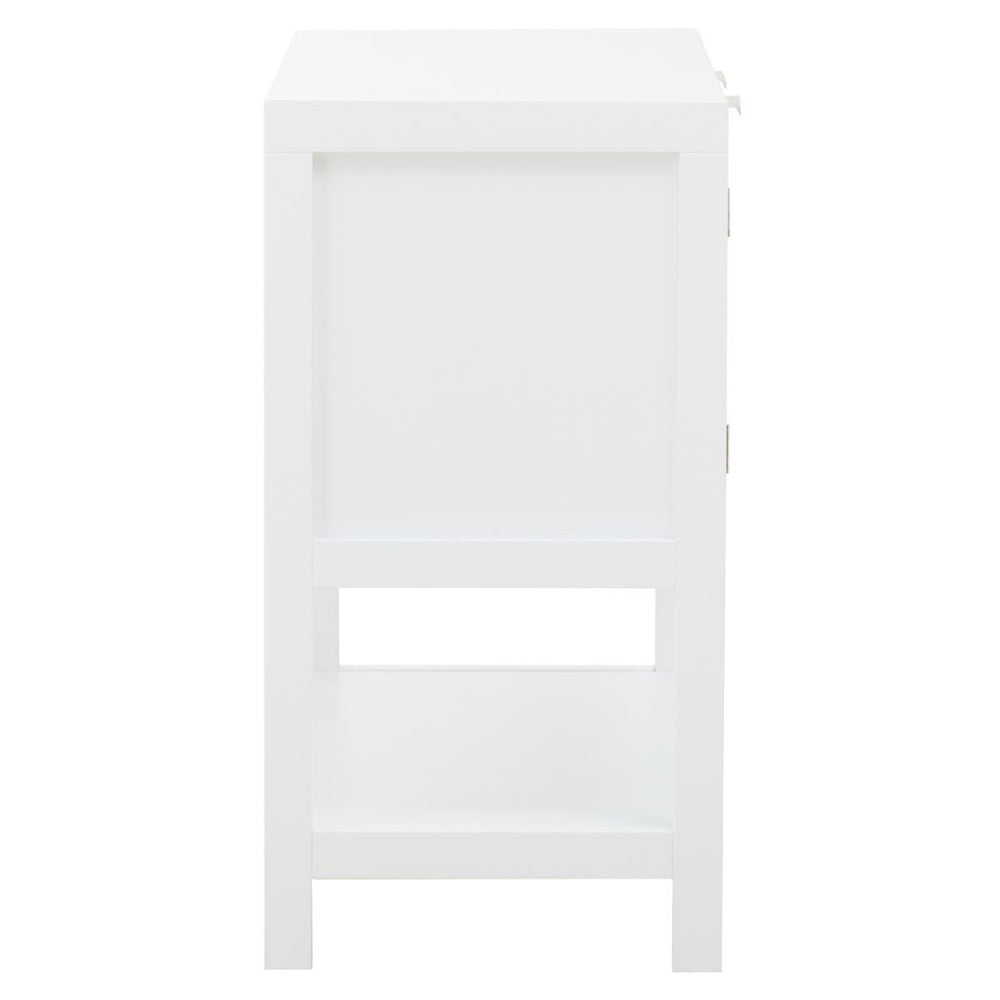 White wood and rattan side cabinet featuring two drawers, a lower open shelf, and a sleek, modern design. The cabinet has a clean finish and simple lines, making it suitable for various home decor styles