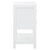 White wood and rattan side cabinet featuring two drawers, a lower open shelf, and a sleek, modern design. The cabinet has a clean finish and simple lines, making it suitable for various home decor styles