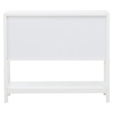 White wooden side cabinet featuring two rattan drawers, a smooth top surface, and a minimalist design with clean lines and a spacious open shelf at the bottom