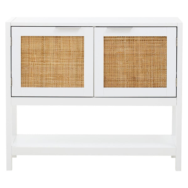White wooden side cabinet featuring two rattan-fronted drawers, a sleek design with a minimalist aesthetic, and an open space beneath for additional storage or display