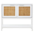 White wooden side cabinet featuring two rattan-fronted drawers, a sleek design with a minimalist aesthetic, and an open space beneath for additional storage or display