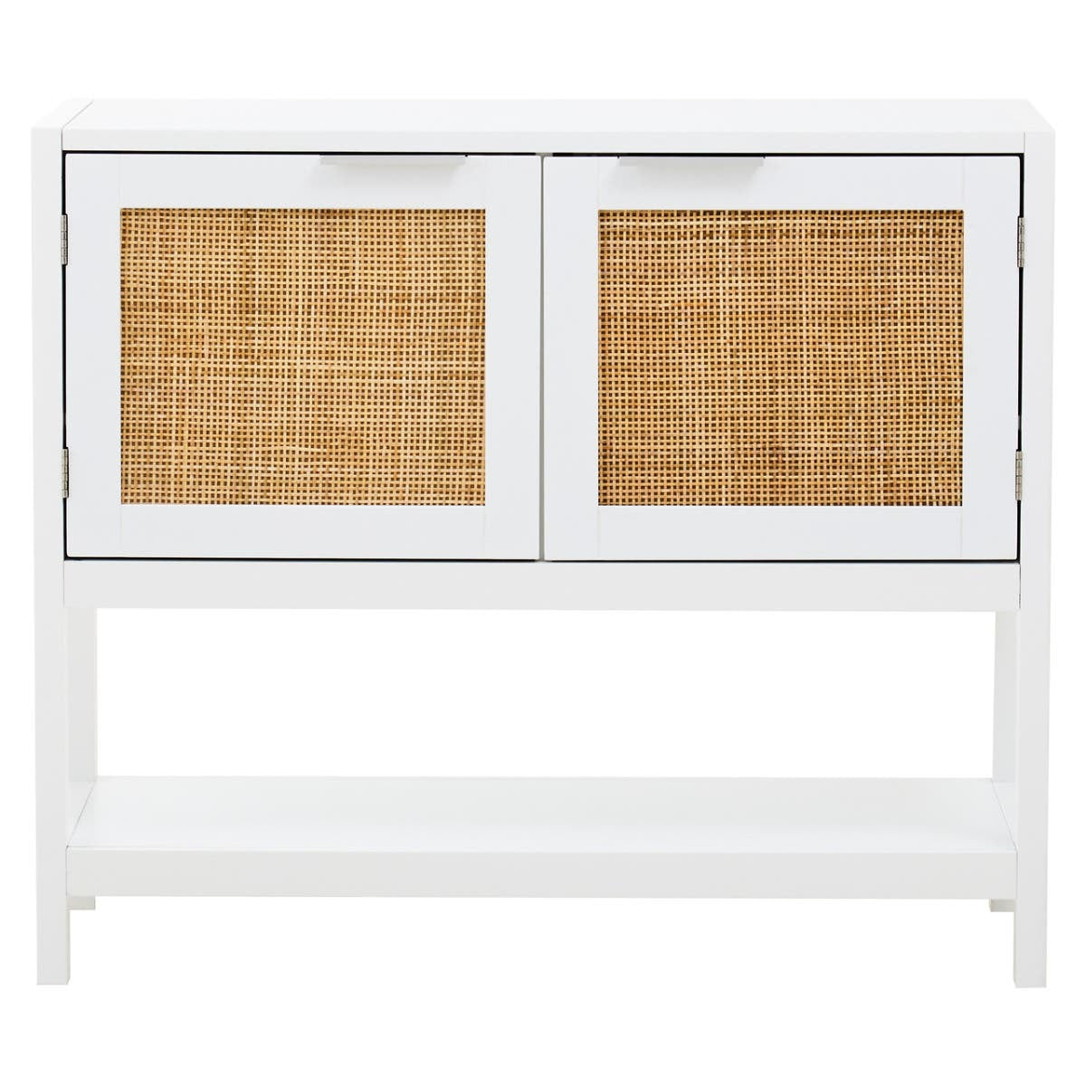White wooden side cabinet featuring two rattan-fronted drawers, a sleek design with a minimalist aesthetic, and an open space beneath for additional storage or display