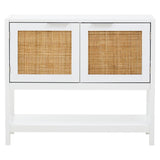 White wooden side cabinet featuring two rattan-fronted drawers, a sleek design with a minimalist aesthetic, and an open space beneath for additional storage or display