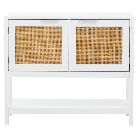 White wooden side cabinet featuring two rattan-fronted drawers, a sleek design with a minimalist aesthetic, and an open space beneath for additional storage or display