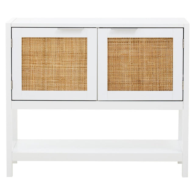 White wooden side cabinet featuring two rattan-fronted drawers, a sleek design with a minimalist aesthetic, and an open space beneath for additional storage or display