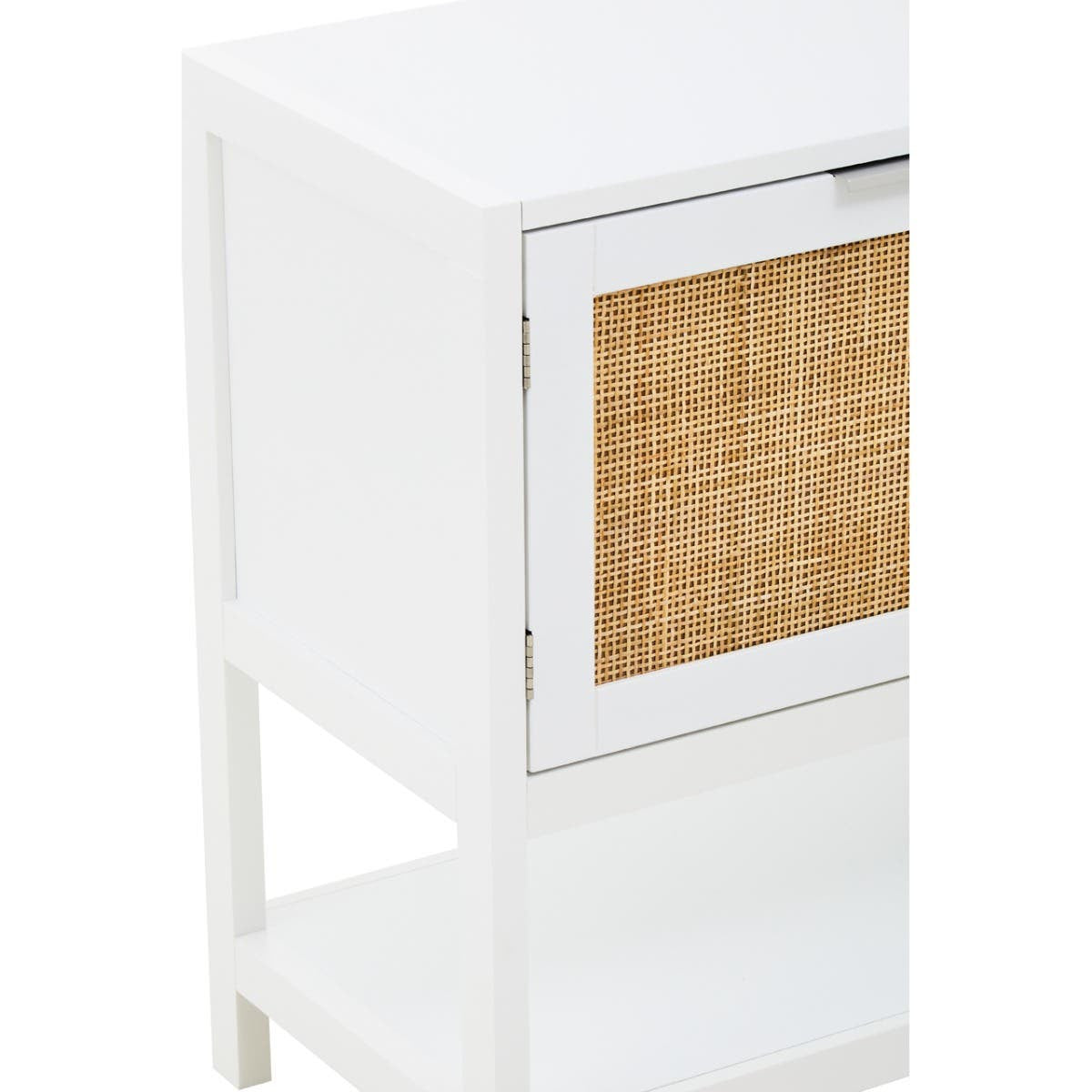 White wood side cabinet featuring two drawers, one with a rattan front, and an open shelf at the bottom. The cabinet has a clean, modern design with a smooth finish