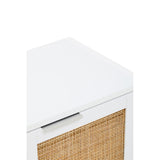 Top view of a white wood side cabinet featuring two drawers with rattan fronts, showcasing a sleek and modern design. The cabinet has a smooth white surface and a minimalist handle