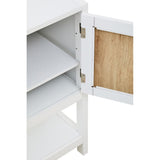 White wood side cabinet featuring two drawers and a rattan door, with an open shelf visible inside. The cabinet has a clean, modern design, showcasing a light wood interior behind the rattan door