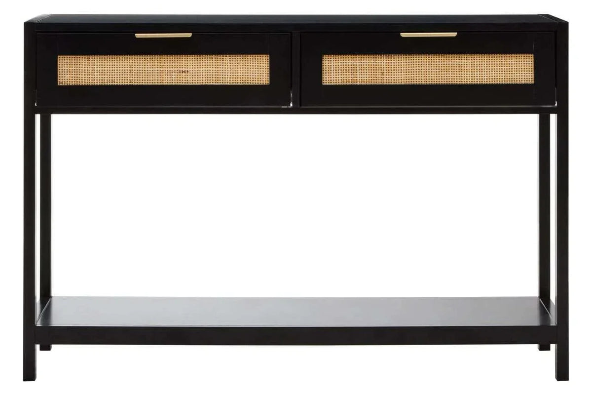 Black console table with rattan drawers and lower shelf, front view