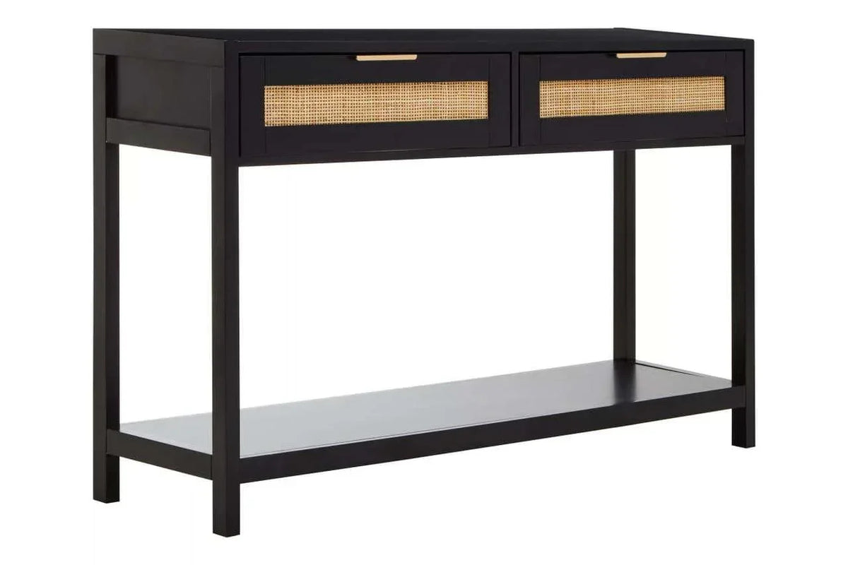 Black console table with rattan drawers and lower shelf, front view