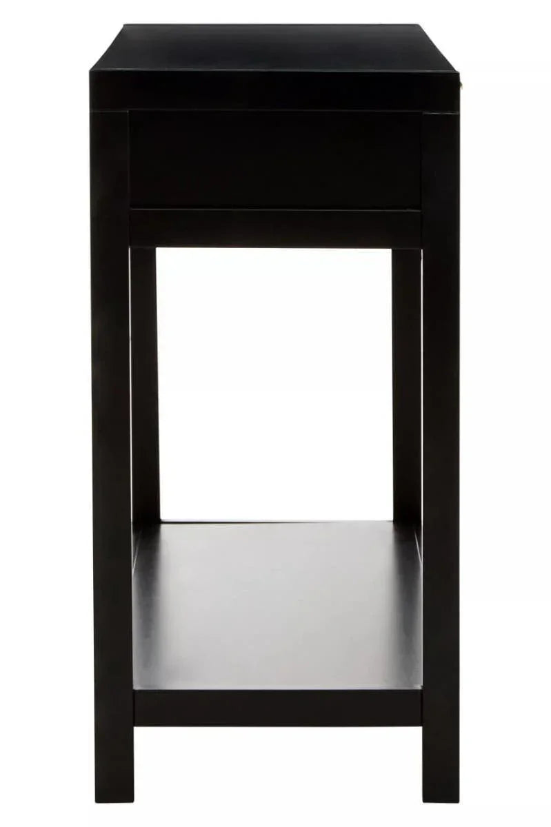 Black wooden bedside table with drawer and lower shelf, front view