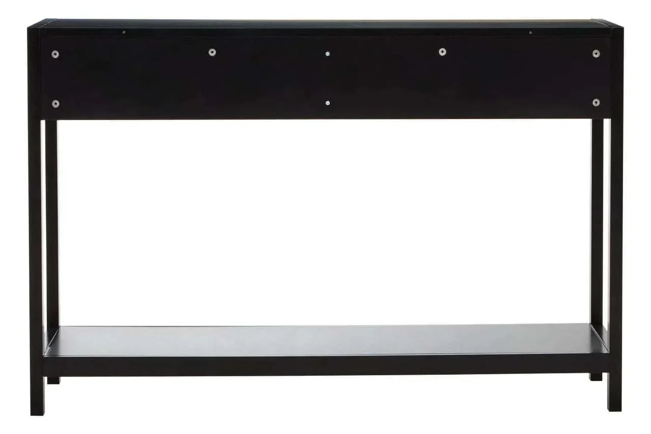 Black console table with lower shelf and modern metal frame, front view