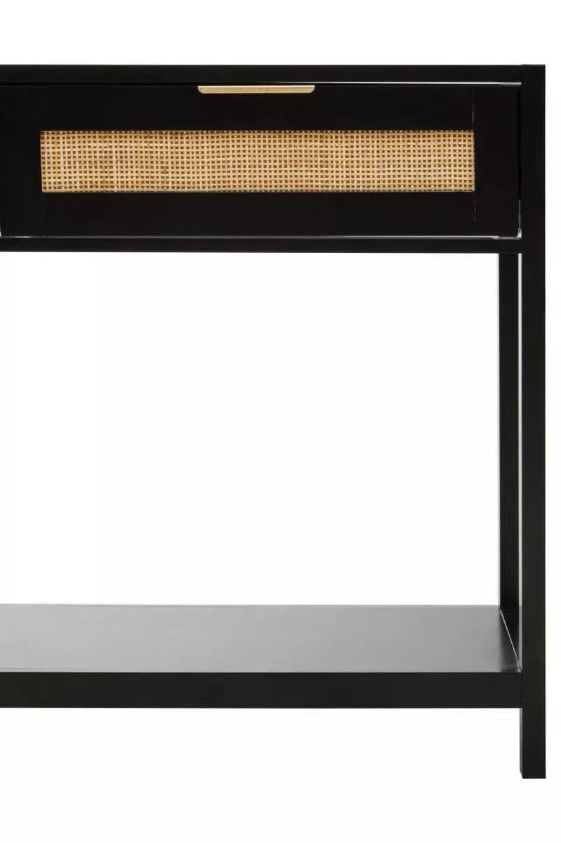 Black console table with rattan drawer front and open lower shelf