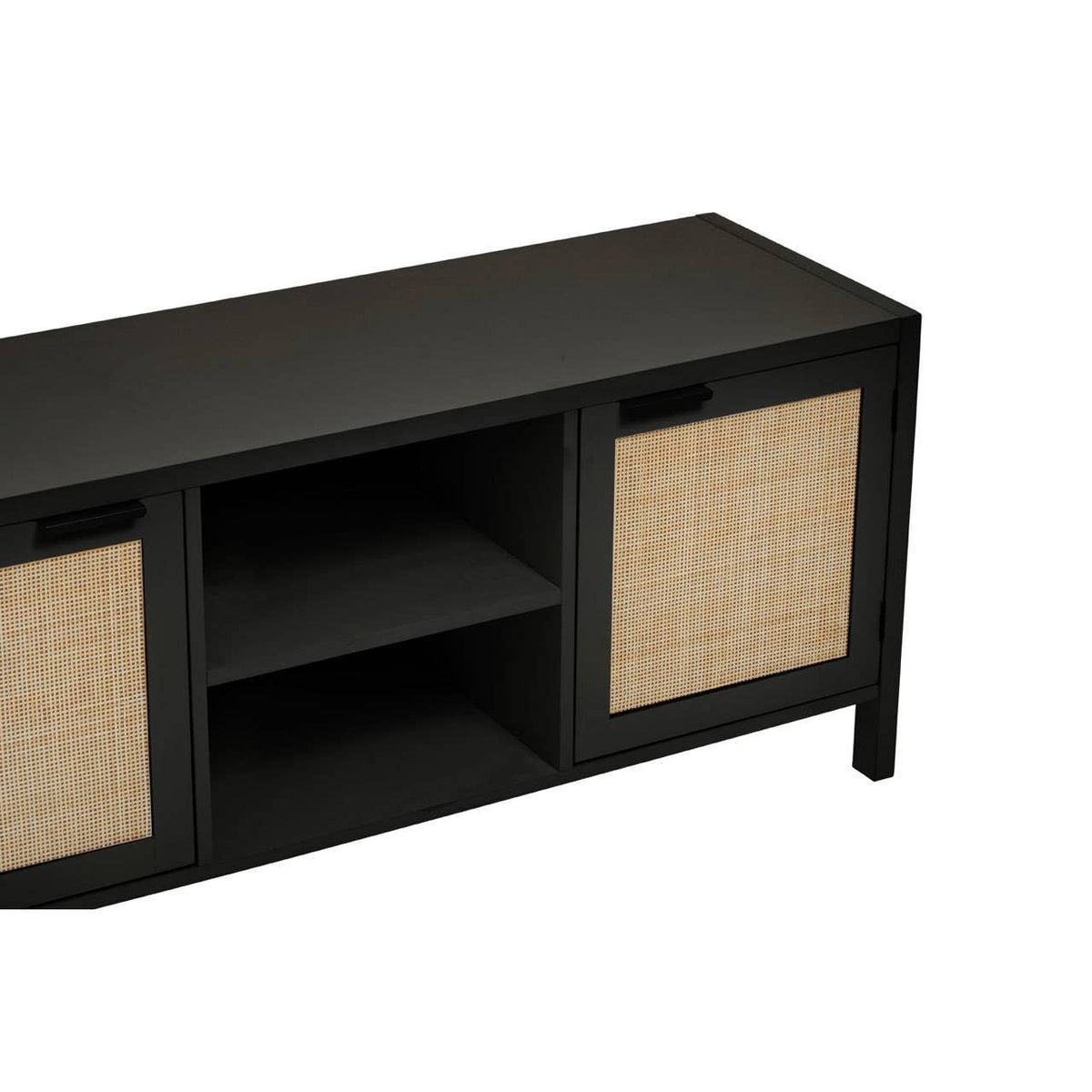Black TV unit with natural rattan panel doors and open shelving, angled front view