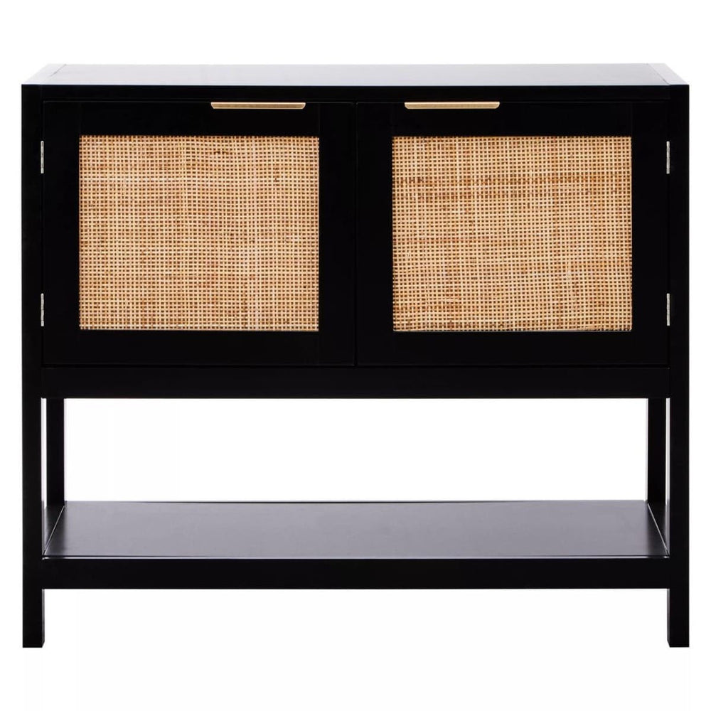 A black wood side cabinet featuring two rattan doors with a woven design, a flat top surface, and an open shelf at the bottom for additional storage or display. The cabinet has a modern aesthetic with clean lines and a sturdy construction