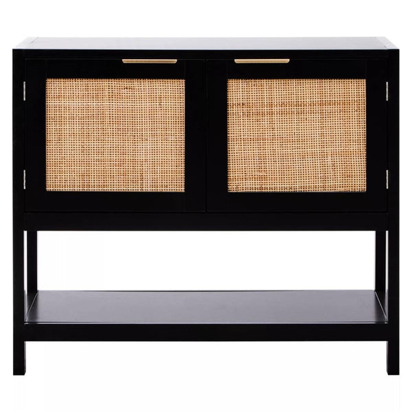 A black wood side cabinet featuring two rattan doors with a woven design, a flat top surface, and an open shelf at the bottom for additional storage or display. The cabinet has a modern aesthetic with clean lines and a sturdy construction