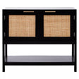 A black wood side cabinet featuring two rattan doors with a woven design, a flat top surface, and an open shelf at the bottom for additional storage or display. The cabinet has a modern aesthetic with clean lines and a sturdy construction