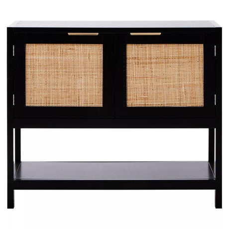 A black wood side cabinet featuring two rattan doors with a woven design, a flat top surface, and an open shelf at the bottom for additional storage or display. The cabinet has a modern aesthetic with clean lines and a sturdy construction