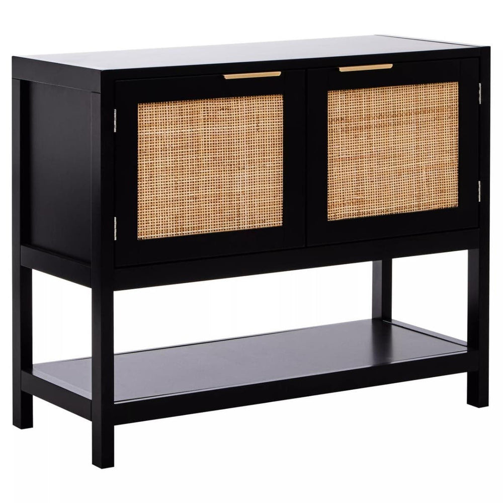 Black wood side cabinet featuring two rattan door fronts with a woven design, a flat top surface, and an open shelf at the bottom for additional storage or display. The cabinet stands on four legs and has sleek, minimalistic handles