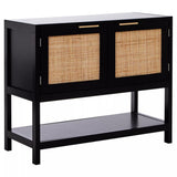 Black wood side cabinet featuring two rattan door fronts with a woven design, a flat top surface, and an open shelf at the bottom for additional storage or display. The cabinet stands on four legs and has sleek, minimalistic handles
