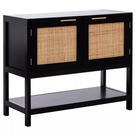 Black wood side cabinet featuring two rattan door fronts with a woven design, a flat top surface, and an open shelf at the bottom for additional storage or display. The cabinet stands on four legs and has sleek, minimalistic handles