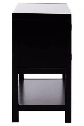 Black wood side cabinet featuring two rattan doors and an open shelf at the bottom, showcasing a sleek and modern design suitable for home decor