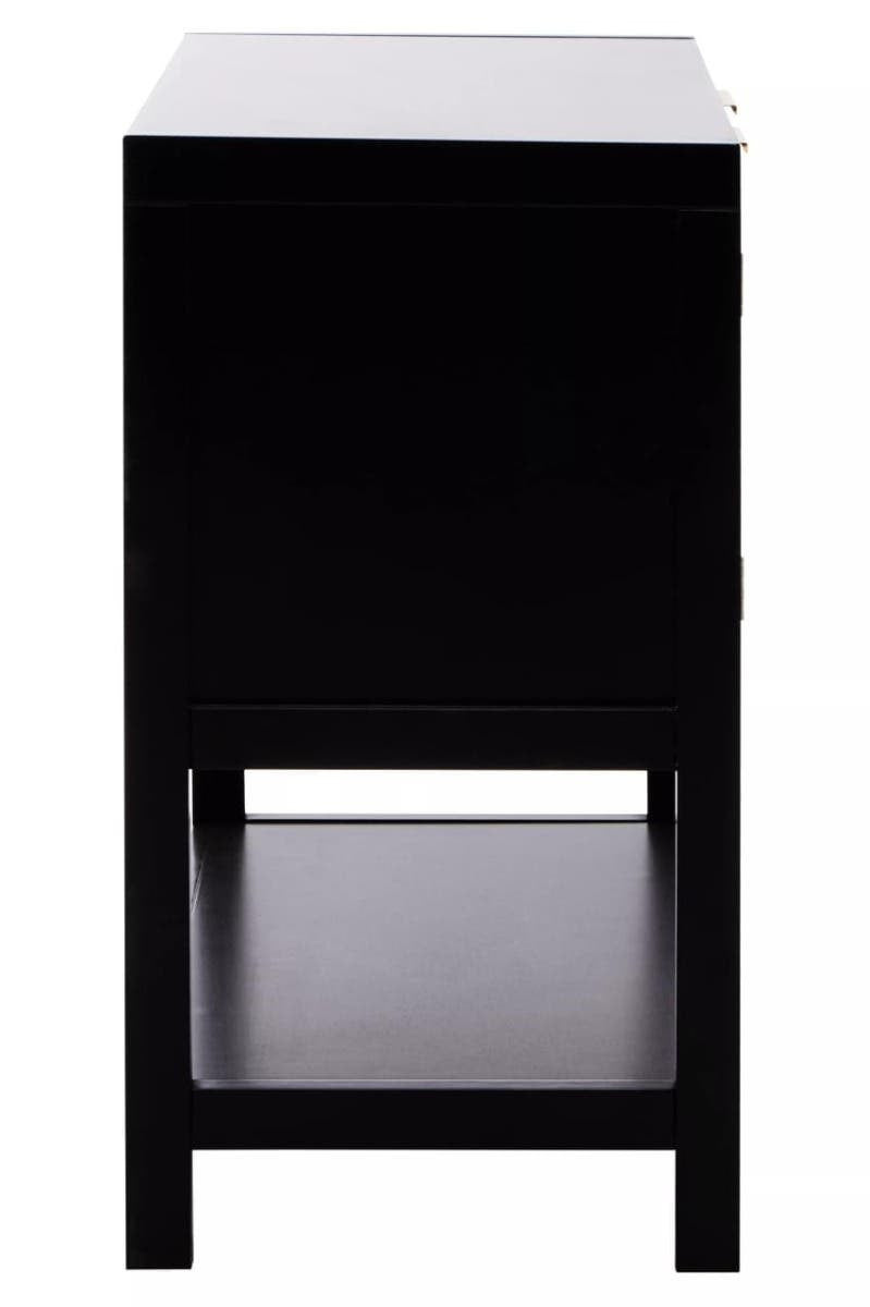 Black wood side cabinet featuring two rattan doors and an open shelf at the bottom, showcasing a sleek and modern design suitable for home decor