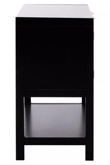 Black wood side cabinet featuring two rattan doors and an open shelf at the bottom, showcasing a sleek and modern design suitable for home decor
