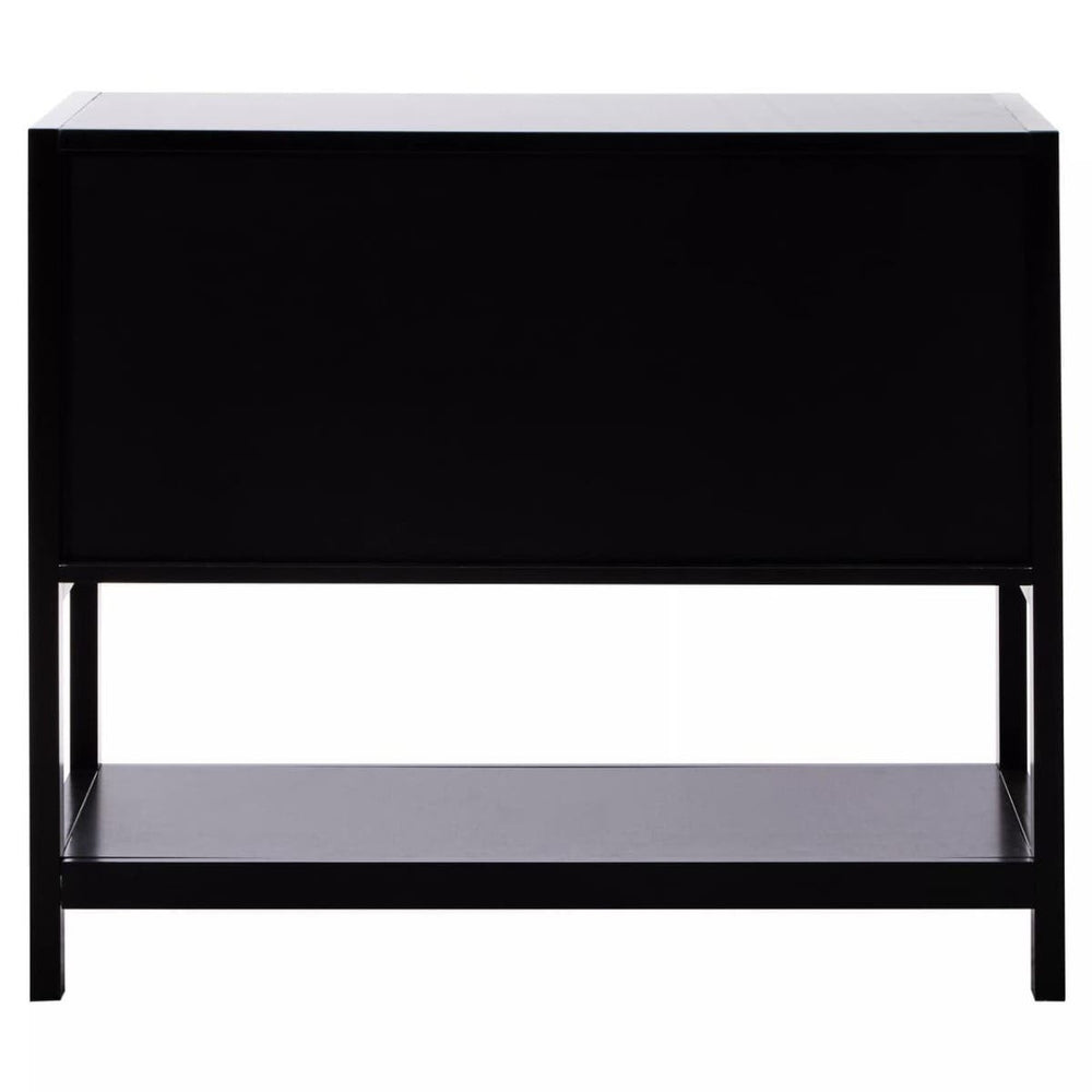 Black wood and rattan two-door side cabinet featuring a sleek design with a flat top surface, two doors with rattan detailing, and an open shelf at the bottom for additional storage or display. The cabinet stands on four slender legs, providing a modern aesthetic suitable for various home decor styles