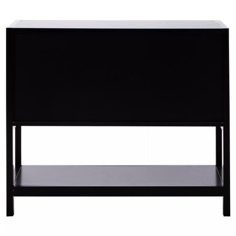Black wood and rattan two-door side cabinet featuring a sleek design with a flat top surface, two doors with rattan detailing, and an open shelf at the bottom for additional storage or display. The cabinet stands on four slender legs, providing a modern aesthetic suitable for various home decor styles