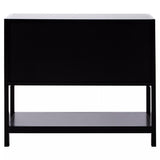 Black wood and rattan two-door side cabinet featuring a sleek design with a flat top surface, two doors with rattan detailing, and an open shelf at the bottom for additional storage or display. The cabinet stands on four slender legs, providing a modern aesthetic suitable for various home decor styles