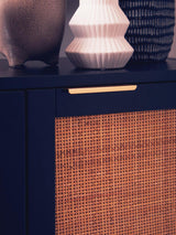 Black wood side cabinet featuring two doors with a rattan panel design. A sleek gold handle is positioned on the upper part of the cabinet. The cabinet is styled with decorative vases placed on top, showcasing a modern and elegant aesthetic
