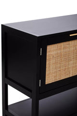 Black wood side cabinet featuring two doors with rattan panels, a sleek top surface, and an open shelf below. The cabinet has a modern design with clean lines and a minimalist aesthetic