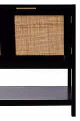 Black wood side cabinet featuring two doors with rattan inserts, showcasing a sleek design and a lower shelf for additional storage. The cabinet has a modern aesthetic suitable for various home decor styles