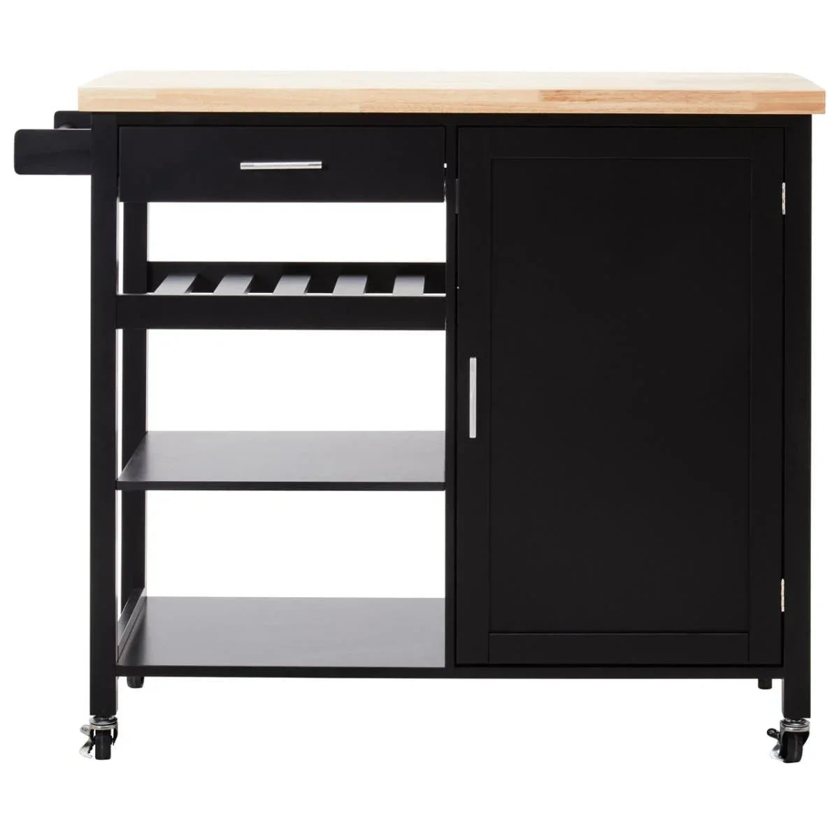 Black kitchen trolley with wood top, shelves, drawer, wine rack, cupboard and wheels