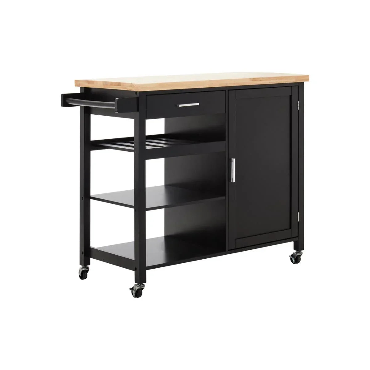Black kitchen trolley with wooden top, drawer, shelves, cabinet, and wheels