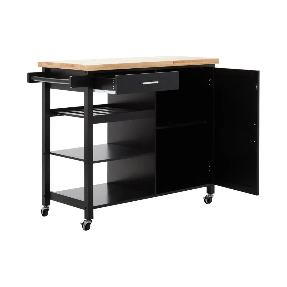 Black kitchen trolley with wooden top, open storage shelves, drawer, and cabinet on wheels