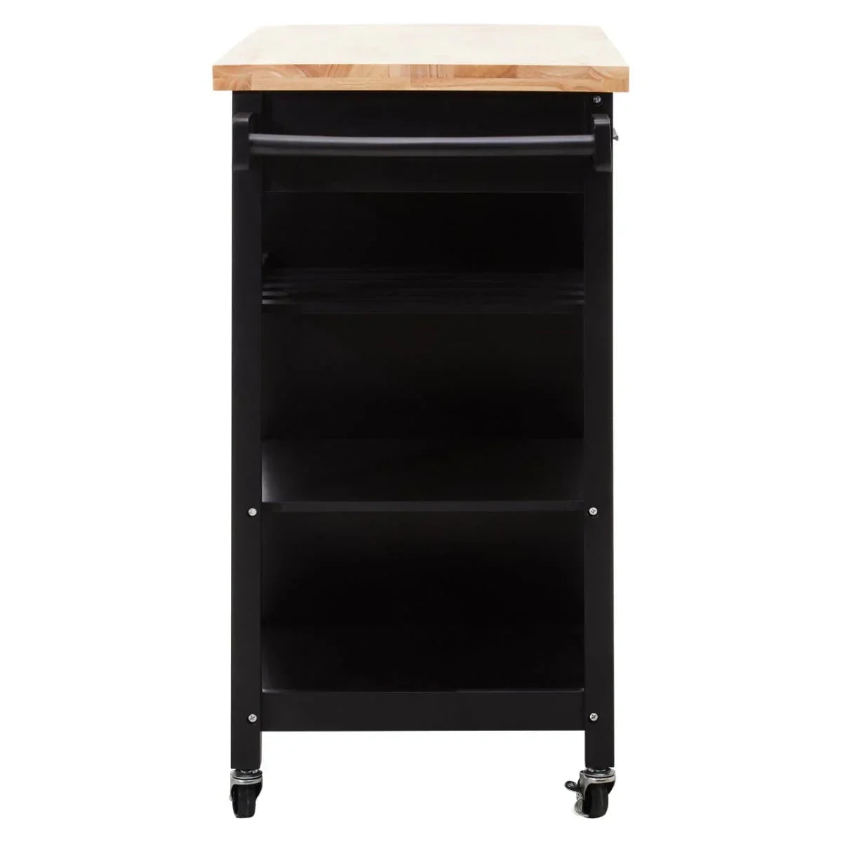 Black kitchen trolley with wooden top, shelves and wheels, front view