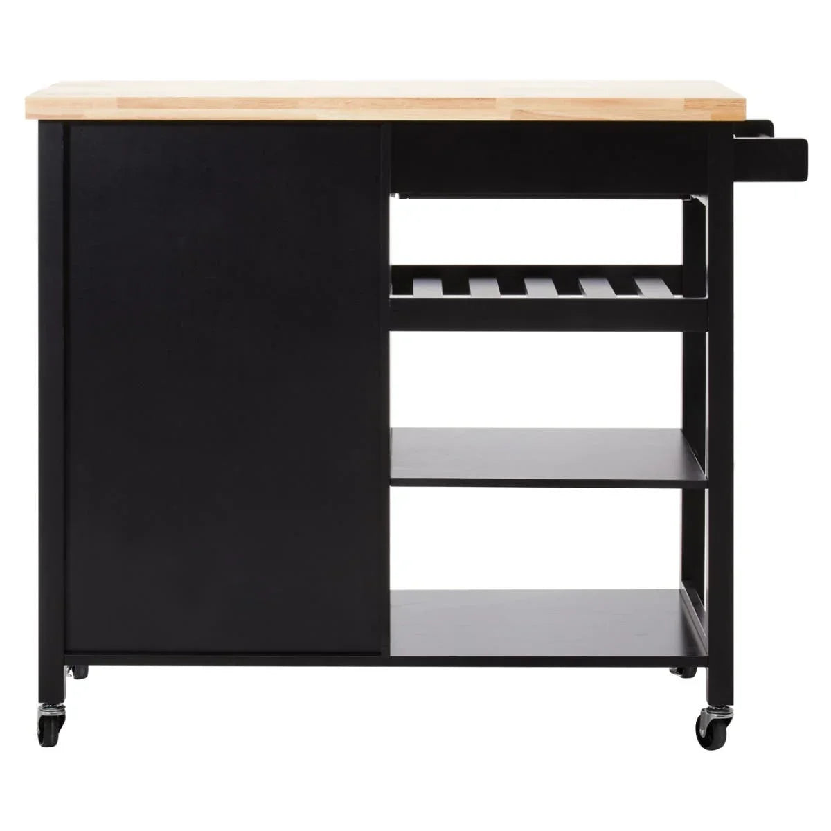 Black kitchen trolley with wooden top, open shelves, wine rack, and wheels