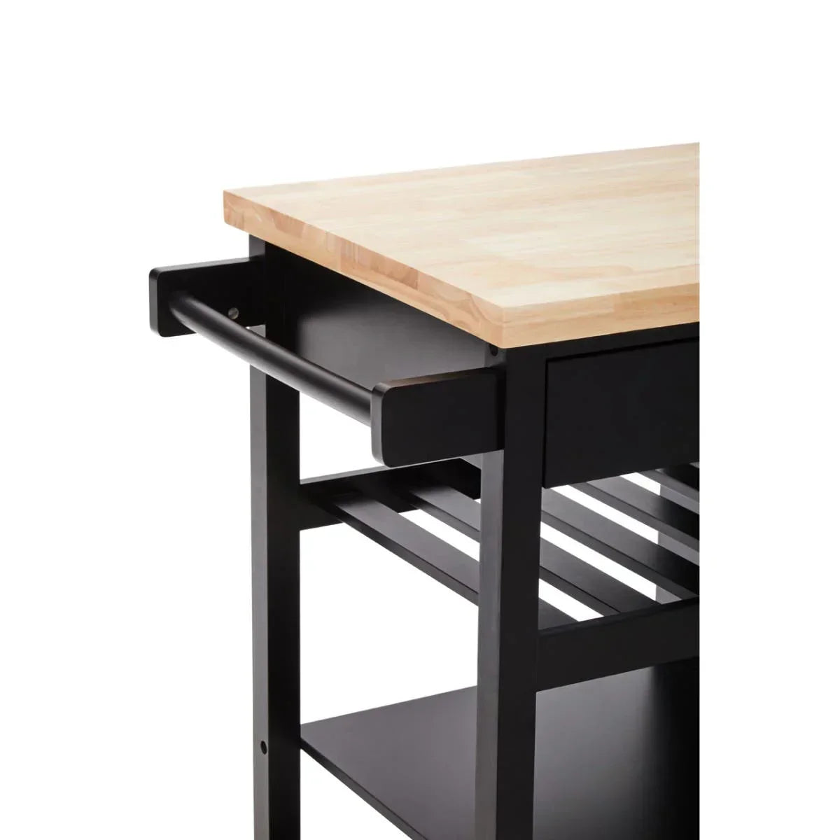 Black kitchen trolley with light wood top, metal handle and slatted storage shelves
