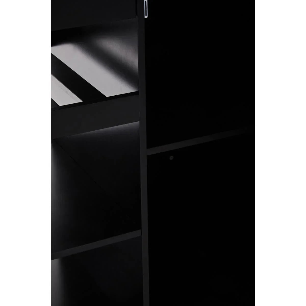 Black shelving unit with divided storage compartments and smooth finish, close-up view