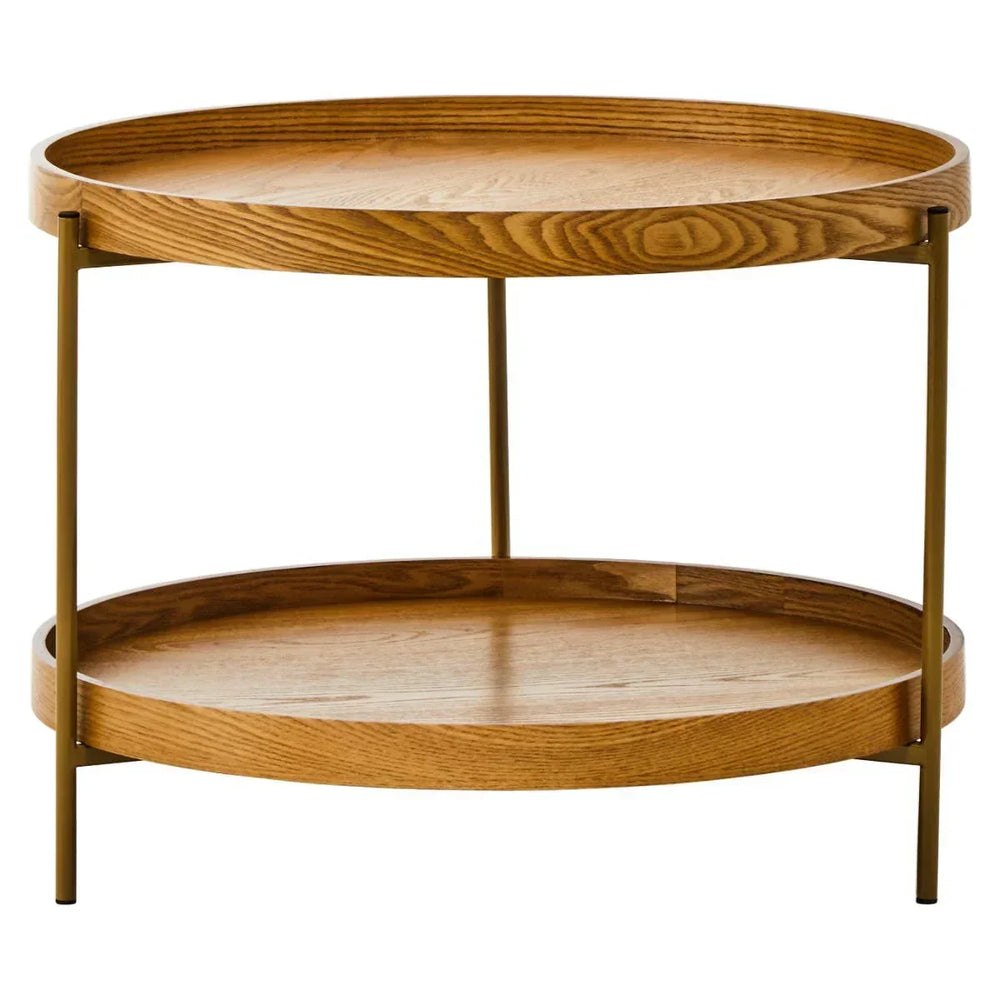 Round oak side table with two tiers and metal legs, shown against white background