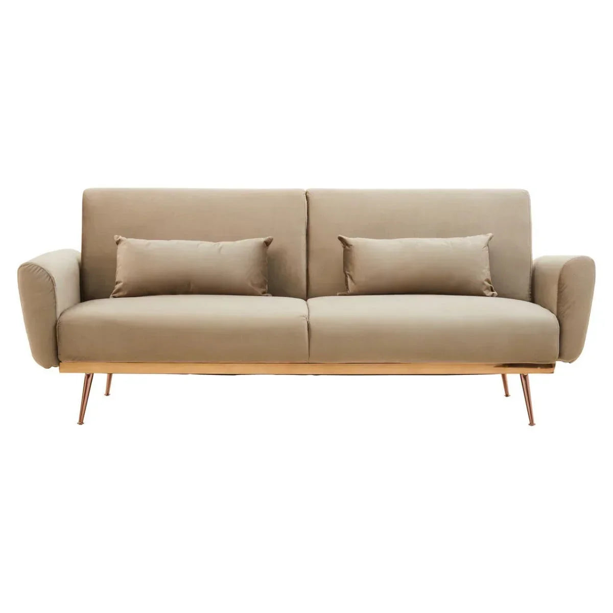 Beige three seater sofa with gold metal legs and two matching cushions, front view