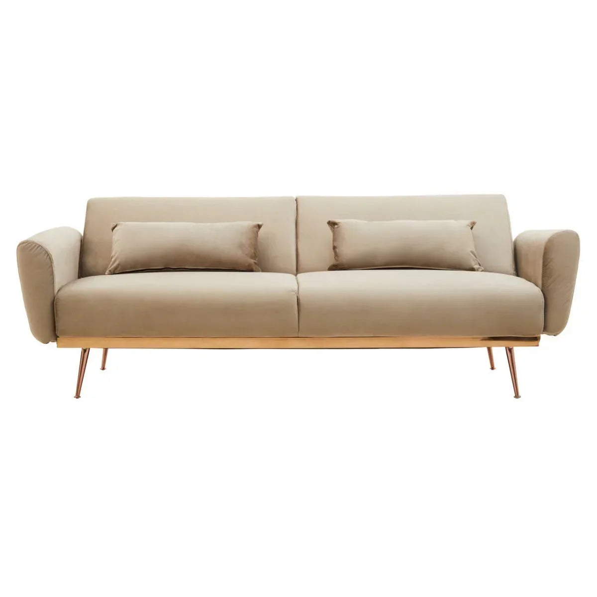Beige fabric sofa with gold legs and two lumbar cushions, front view