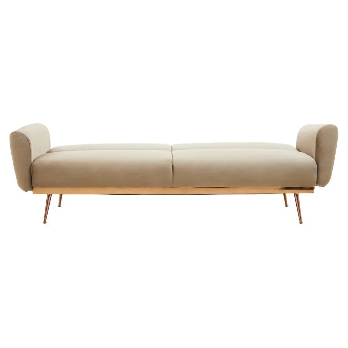 Beige velvet daybed with gold metal legs and low armrests, side view