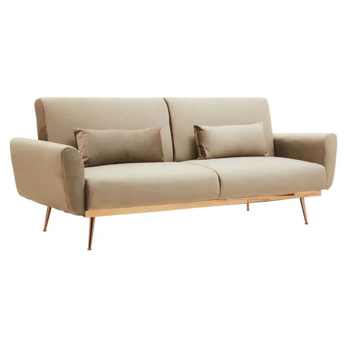 Beige fabric sofa with gold legs and matching cushions on white background