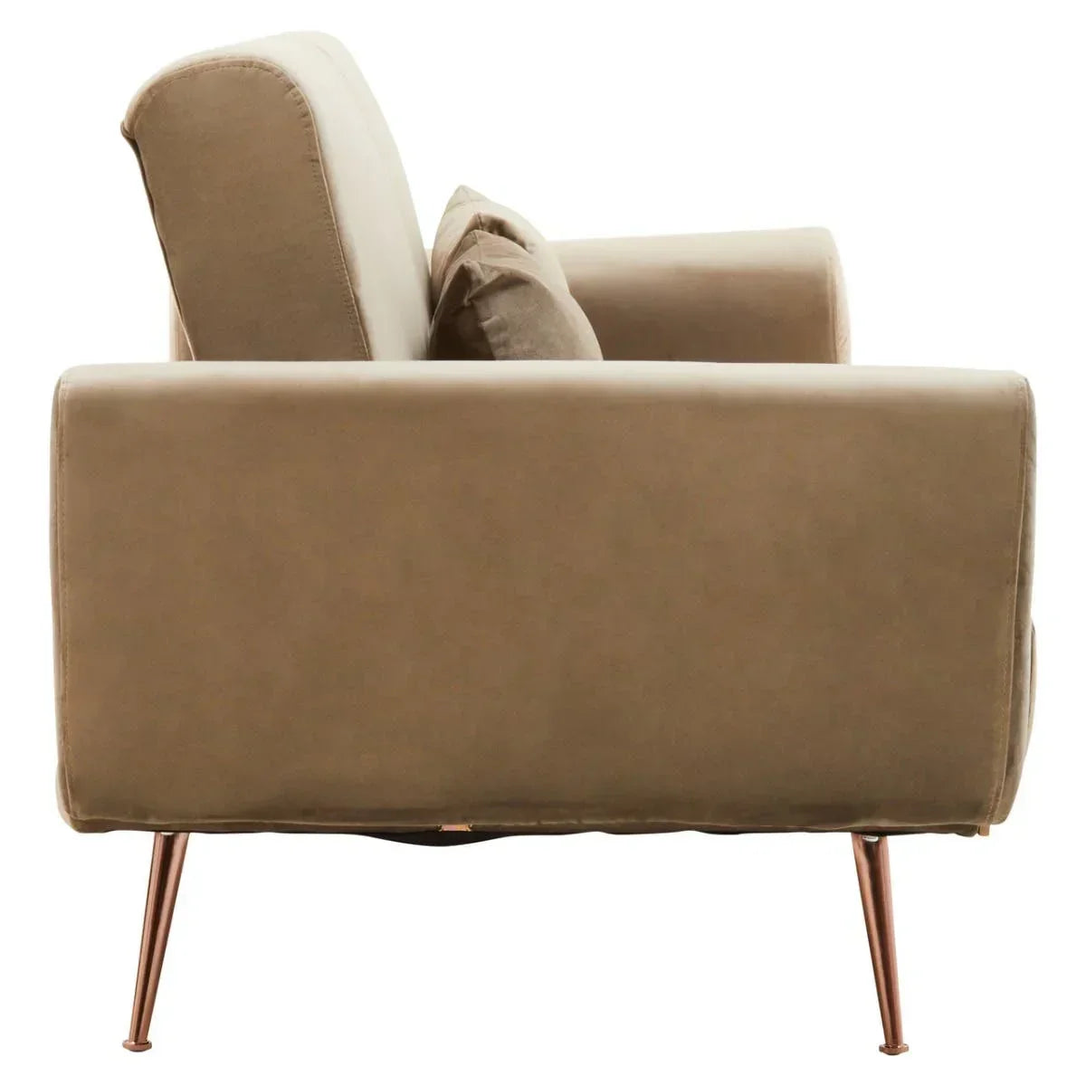 Side view of tan fabric sofa with slim copper metal legs and matching cushion