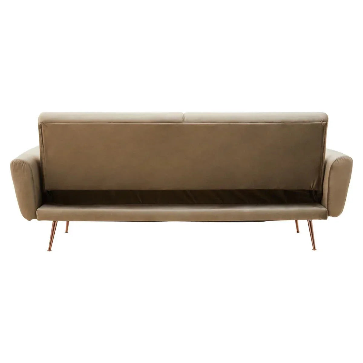 Back view of modern tan sofa with slim metal legs and low armrests