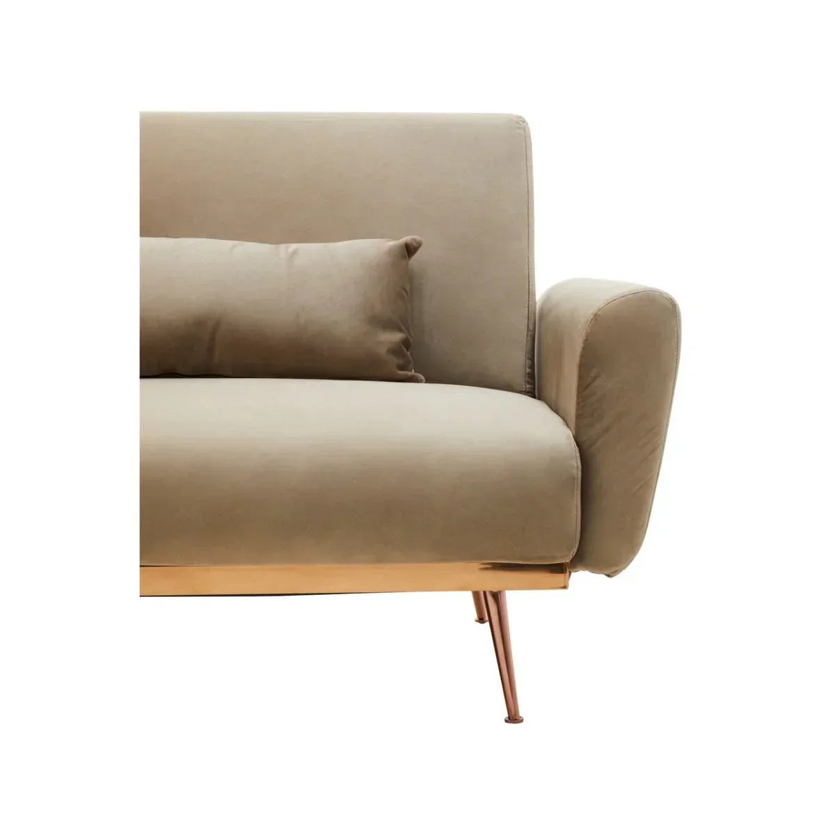 Beige velvet sofa with gold legs and matching bolster cushion, close-up of armrest